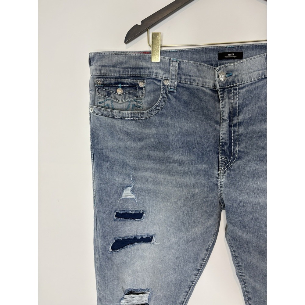 True Religion Ricky Relaxed Straight Mens 46x34 Light Vintage Wash Double Flap - Picture 6 of 14